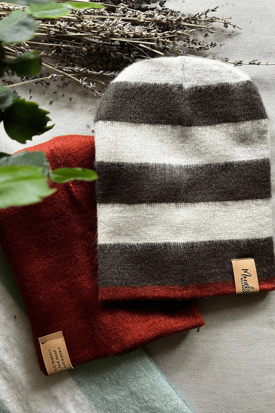 Cream  Striped Reversible Alpaca Beanie