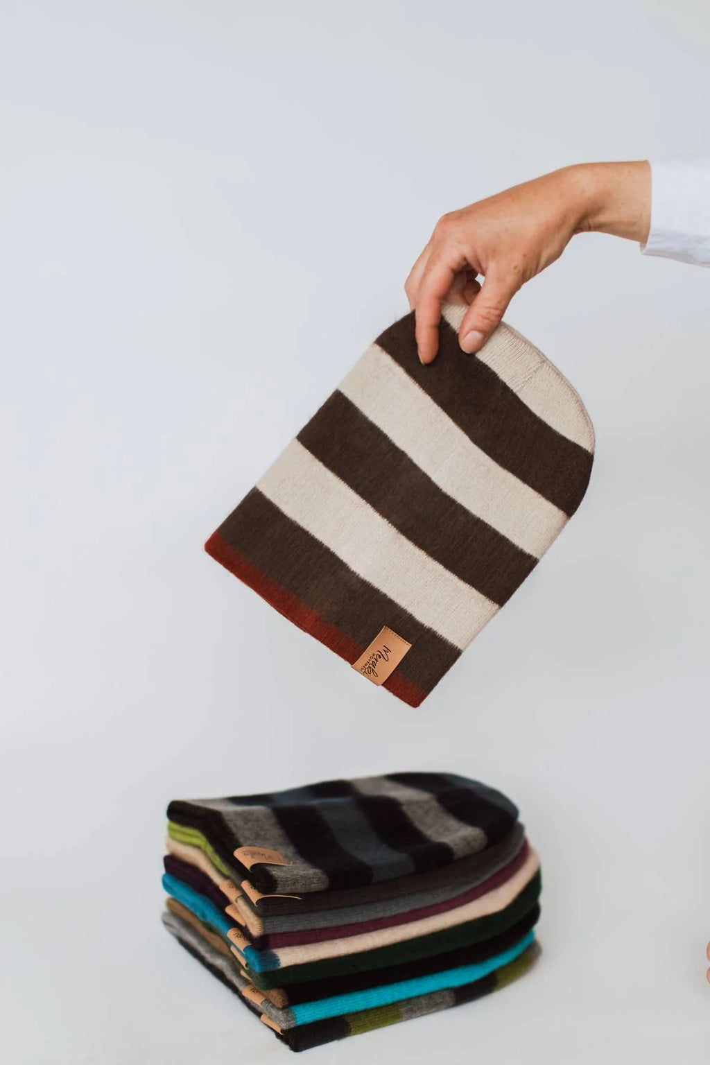 Cream  Striped Reversible Alpaca Beanie