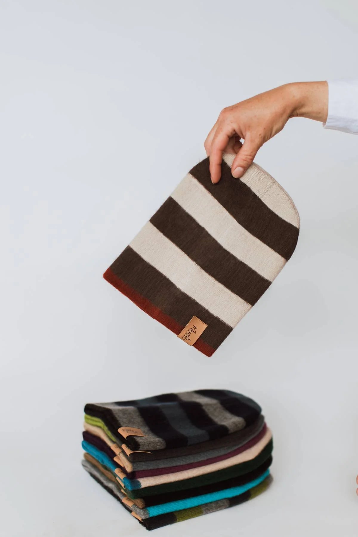 Cream  Striped Reversible Alpaca Beanie